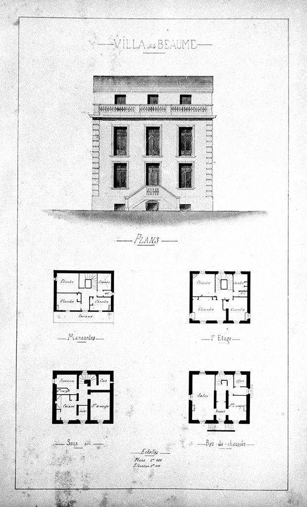 Villa de la Beaume. [Façade. Plans des niveaux], vers 1880-1890.
