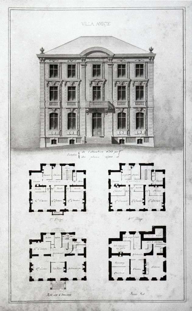 Villa Amicie. [Façade, plans des sous-sol, rez-de-chaussée, 1er et 2e étages.], vers 1880-1890.