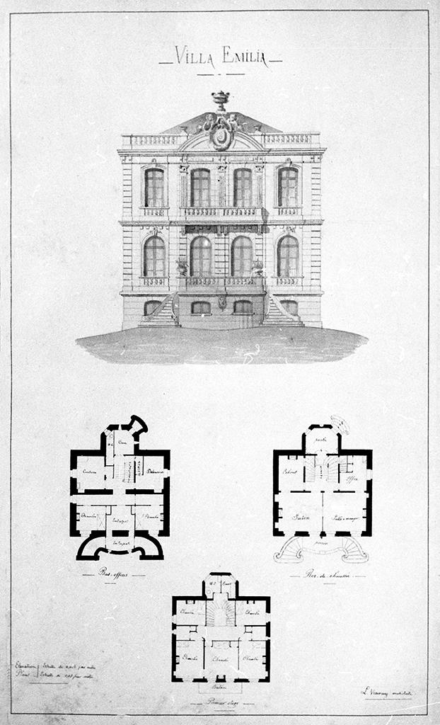 Villa Emilia. Bas offices. Rez-de-chaussée. Premier étage. [Façade]. Laurent Vianey architecte. Vers 1880 ?