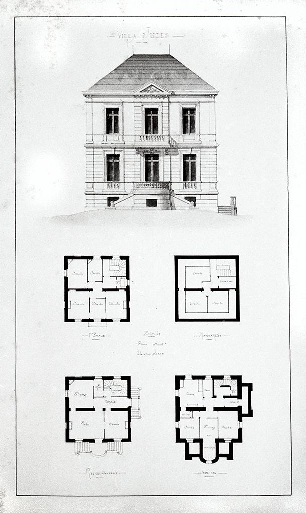 Villa Jules. [Plans des sous-sol, rez-de-chaussée, 1er étage, mansardes. Elévation Sud], vers 1880-1890.