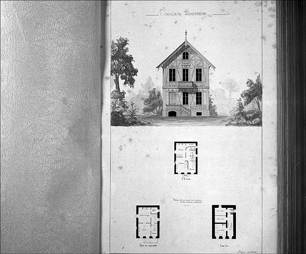 Le chalet. Façade antérieure, plans du sous-sol, du rez-de-chaussée et du 1er étage. Charles Baron architecte.
