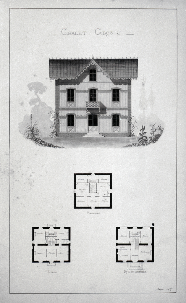 Chalet Gros. [Façade. Plans des niveaux.], vers 1880-1890.