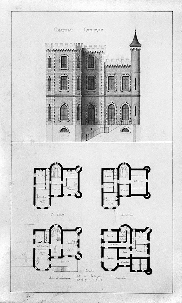 Château Gothique. [Elévation, plans des niveaux.], [vers 1880-1890].