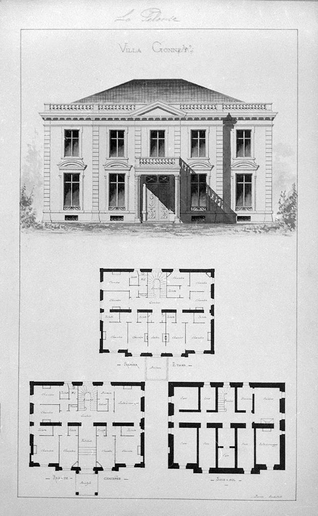 Villa Gonnet. [Façade, plans du sous-sol, du rez-de-chaussée, du 1er étage.], [vers 1880-1890].