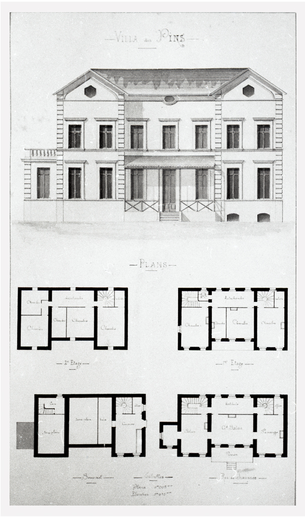 Villa des Pins. [Façade, plans des sous-sol, rez-de-chaussée, 1er et 2e étages.], vers 1880-1890.