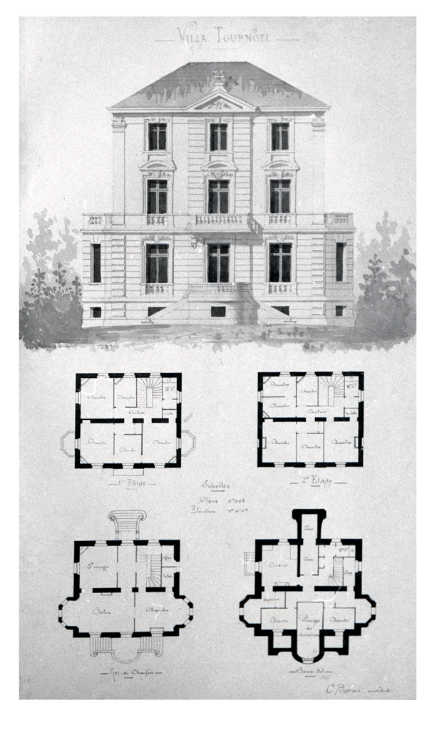 Villa Tournoël. [Façade, plans des sous-sol, rez-de-chaussée, 1er et 2e étages]. Vers 1880.