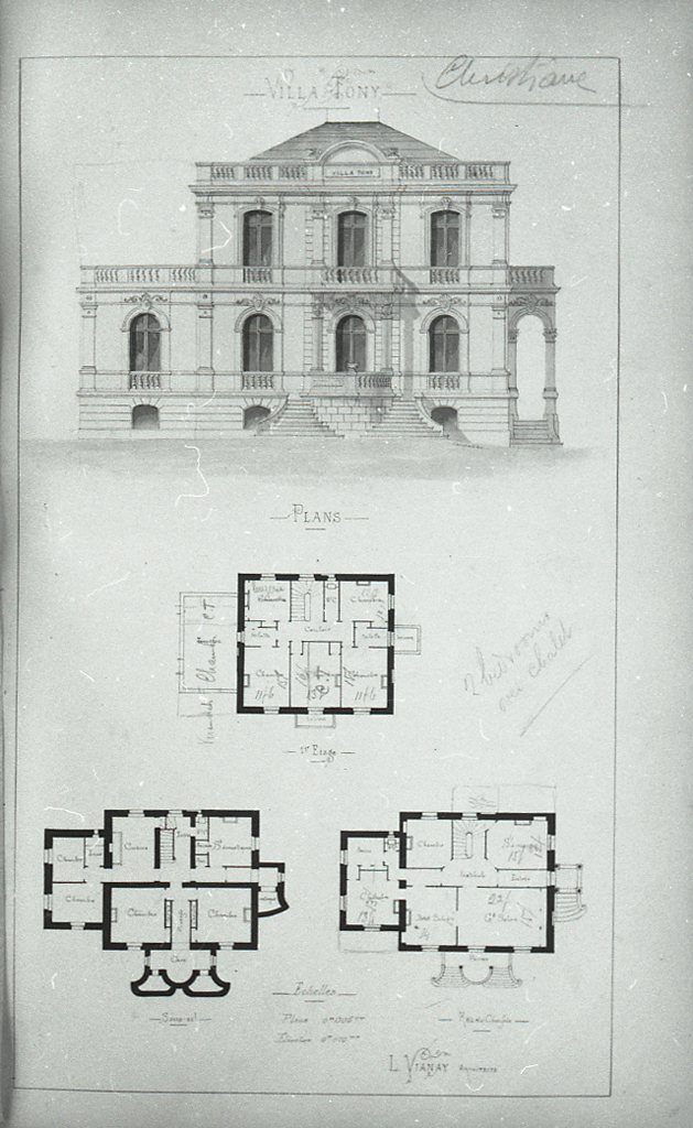 Villa Tony. Plans. [Plans des niveaux. Façade.], vers 1880-1890.