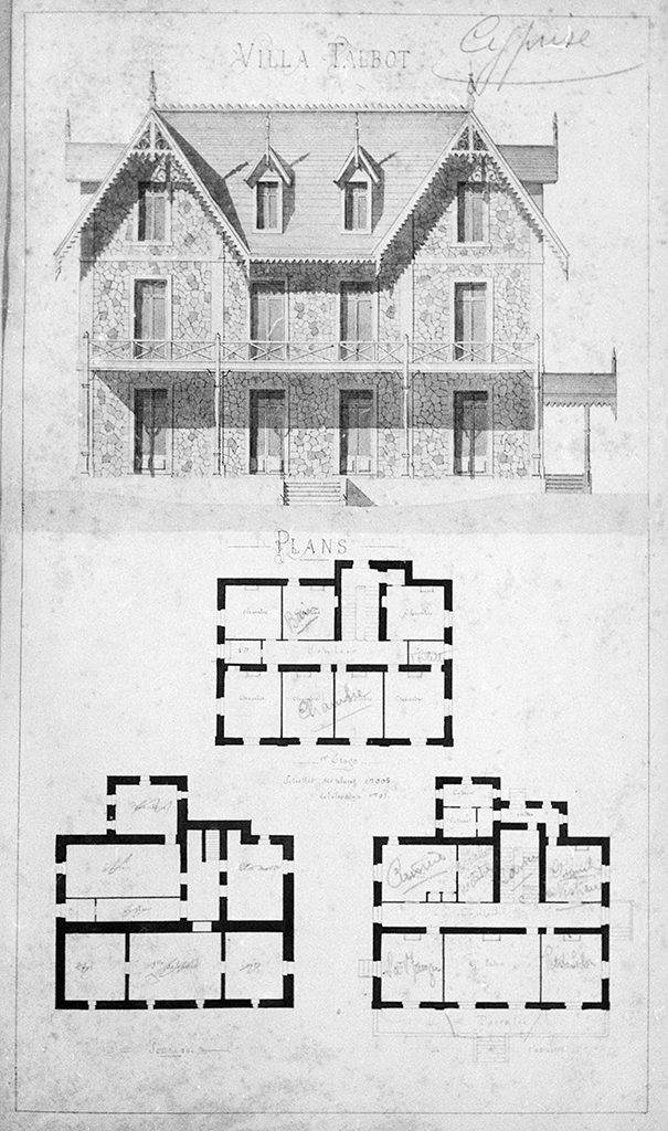 Villa Talbot. [Elévation, plans des niveaux], [vers 1880-1890].