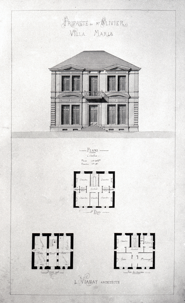 Propriété de Mr. Olivier. Villa Maria. [Façade. Plans des niveaux], vers 1880-1890.