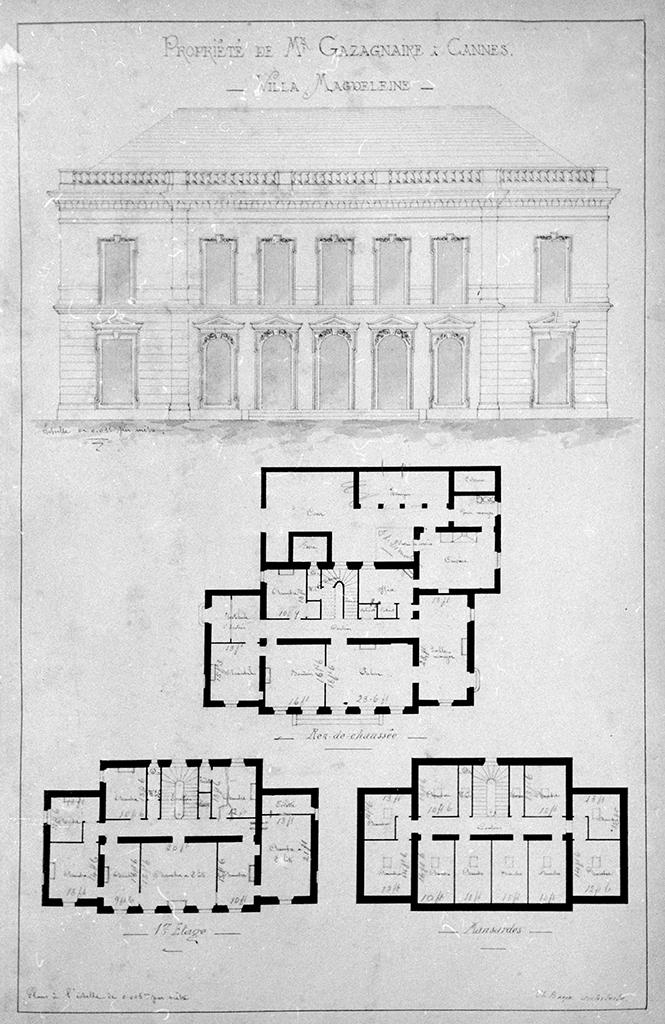 Propriété de Mr. Gazagnaire à Cannes. Villa Magdeleine. Ch. Baron architecte. Rez-de-chaussée. 1er étage. Mansardes. [Façade]. Vers 1880 ?