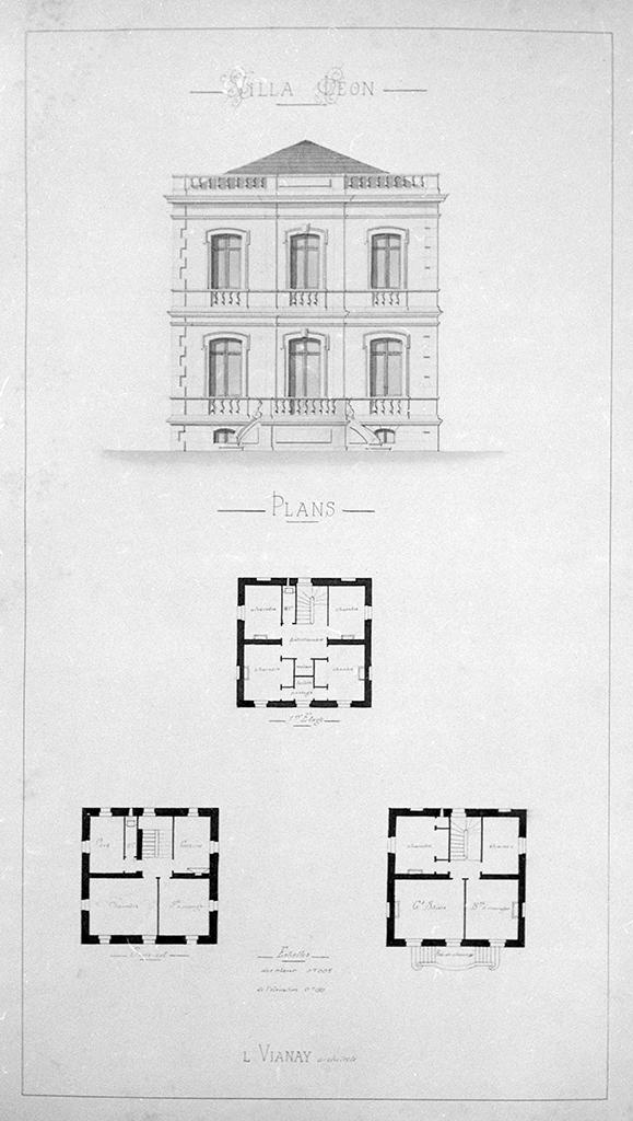 Villa Léon. Plans. Sous-sol. Rez-de-chaussée. 1er étage. [Façade]. Laurent Vianay architecte. Vers 1880 ?