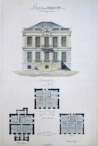 Villa du Grand Pin [Plans des bas-offices, du rez-de-chaussée, du 1er étage, façade]. Vers 1880-1890.