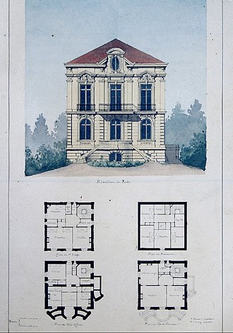 Villa Julie-Marie [Plans des bas-offices, du rez-de-chaussée, du 1er étage et des mansardes, élévation au midi]. Vers 1880-1890.