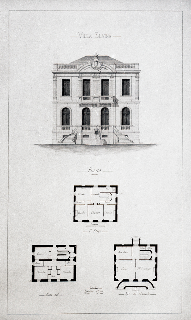 Villa Elvina. Plans. [Plans des niveaux. Façade.], vers 1880-1890.