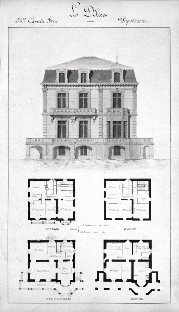 Les Délices. Mrs Camoin Frères propriétaires. [Façade. Plans des niveaux]. Vers 1880-1890.