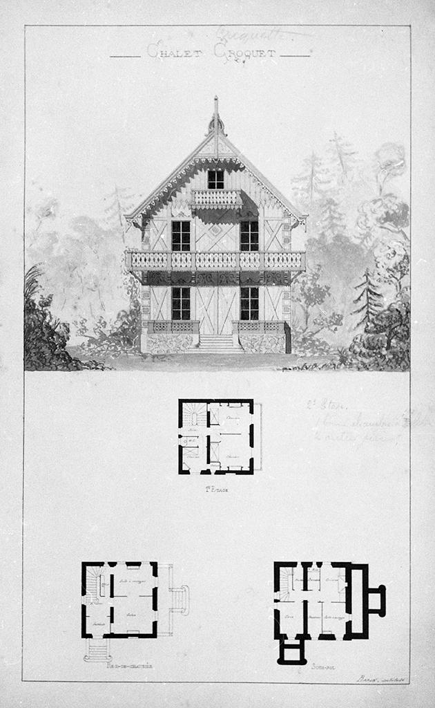 Chalet Croquet. [Façade. Plans des niveaux.], [vers 1880-1890].