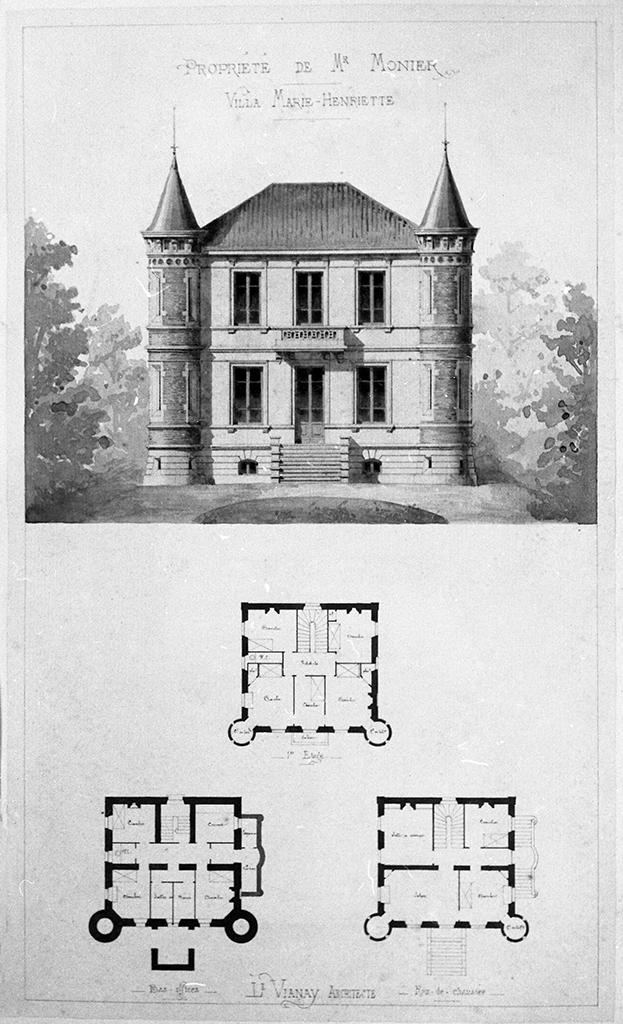 Propriété de M. Monier. Villa Marie-Henriette. [Elévation]. 1er étage. Bas-offices. Rez-de-chaussée. L. Vianay architecte, [vers 1880-1890].