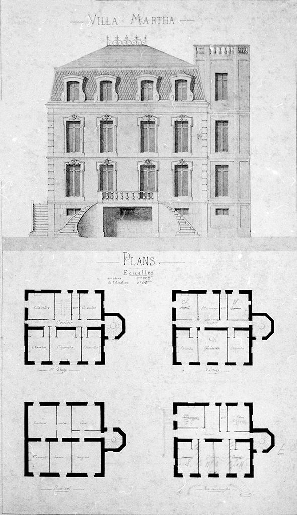 Villa Martha. Plans. [Plans du sous-sol, du rez-de-chaussée, du 1er et du 2e étage. Elévation], [vers 1880-1890].