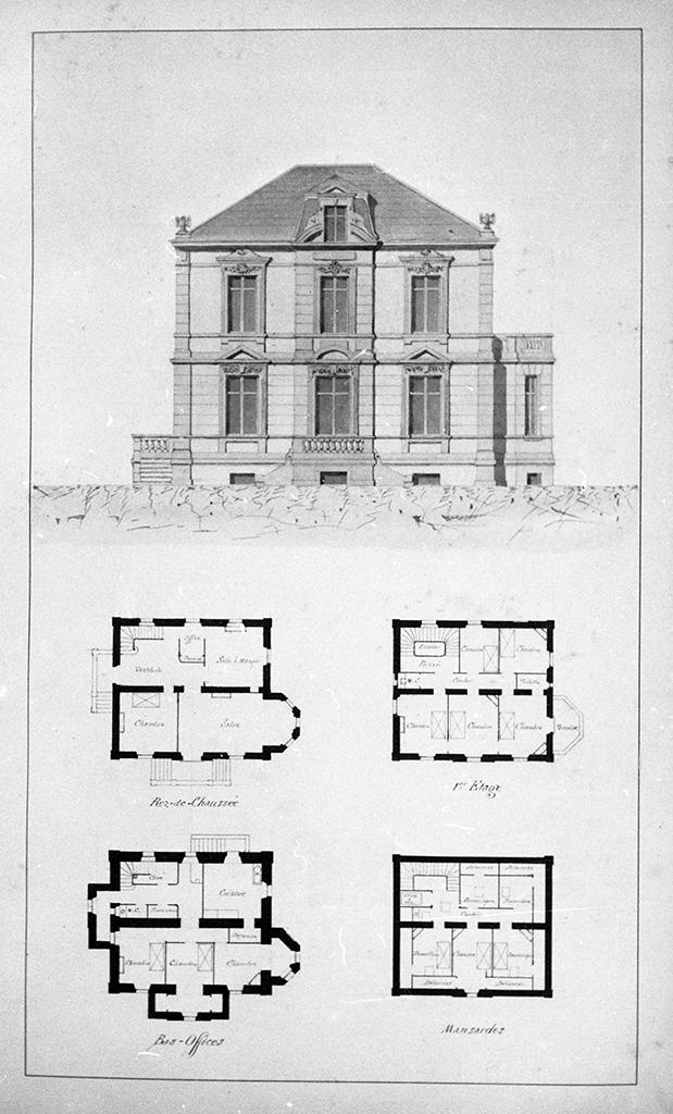 Villa Montboissier. [Façade, plans des bas-offices, rez-de-chaussée, 1er étage et mansardes.], vers 1880-1890.