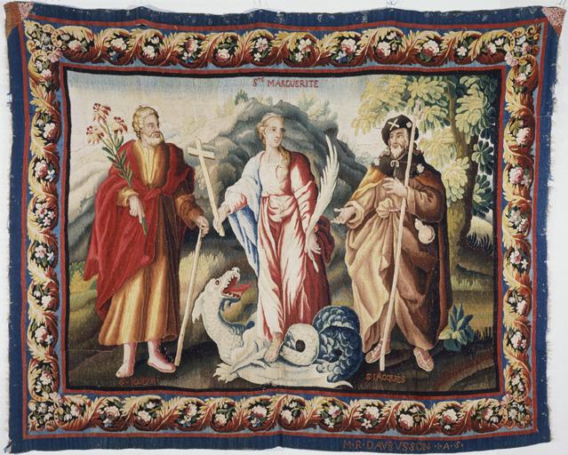 Tableau de tapisserie 1 : Saint Joseph, sainte Marguerite d'Antioche, saint Jacques le Majeur. Vue d'ensemble. Porte l'inscription M.R. DAVBVSSON.