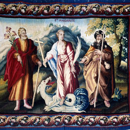Tableau de tapisserie 1 : Saint Joseph, sainte Marguerite d'Antioche, saint Jacques le Majeur. Vue serrée sur les personnages.