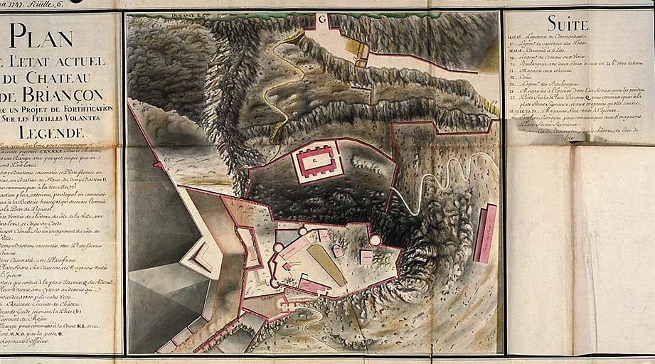 Plan de l'état actuel du château de Briançon avec un projet de fortification sur les feuilles volantes, 1747. 4.