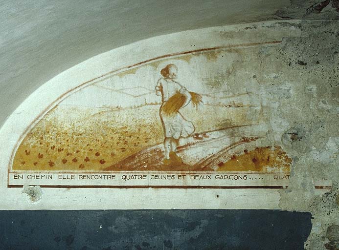 Caserne, chambre de troupe du rez-de-chaussée. Peinture murale illustrant la chanson Jeanneton prend sa faucille : en chemin elle rencontre ...