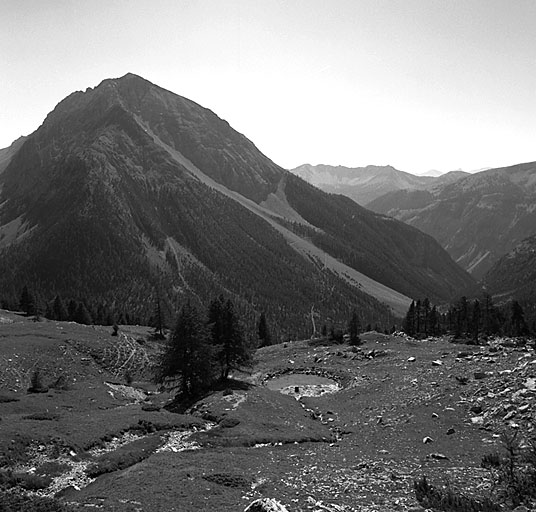 Pentes sud du site et vallon des Acles. Au centre, et au fond, la roche de Pecé. A l'arrière-plan et à droite, la vallée de la Clarée.