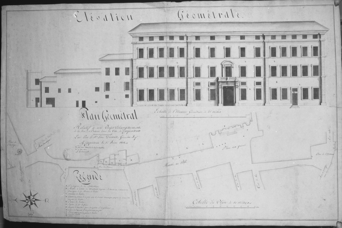 Plan géométral relatif à un projet d'élargissement de la rue des prisons...[La lettre A indique la conciergerie de la bibliothèque] ; Elévation géométrale et plan géométral relatif à un projet d'élargissement de la rue des Prisons à Carpentras.