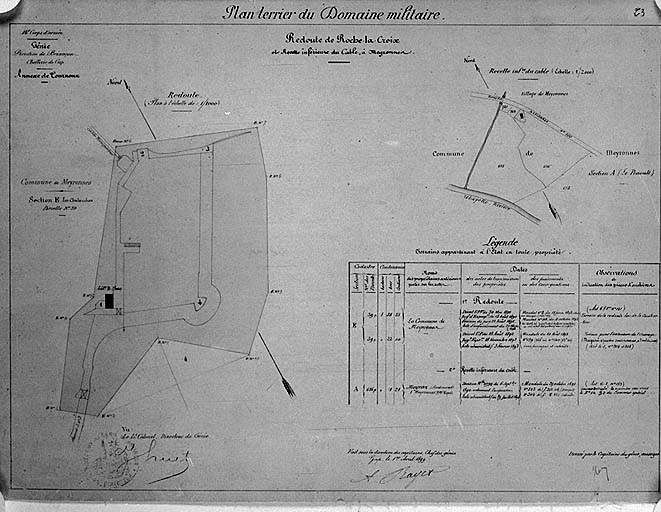 Plan terrier du domaine militaire. Redoute de Roche-la-Croix et recette inférieure du Cable à Meyronnes.