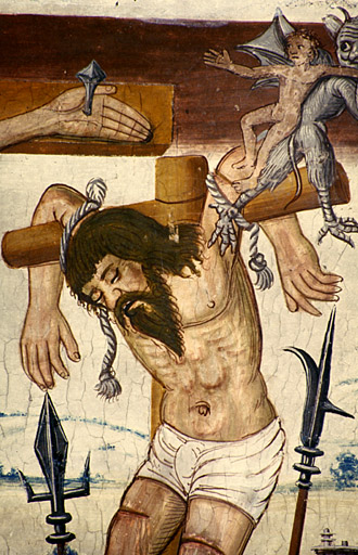 Mur sud et voûte de la troisième travée. La Crucifixion. Le bon larron.