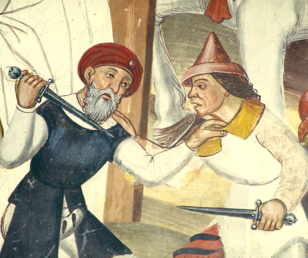 Mur sud et voûte de la troisième travée. La Crucifixion. Deux hommes affrontés.