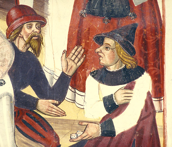 Mur sud et voûte de la troisième travée. La Crucifixion. Deux hommes jouant aux dés la tunique du Christ.