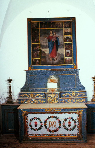 Ensemble de l'autel de la Vierge (autel, 2 gradins d'autel, retable, placards)