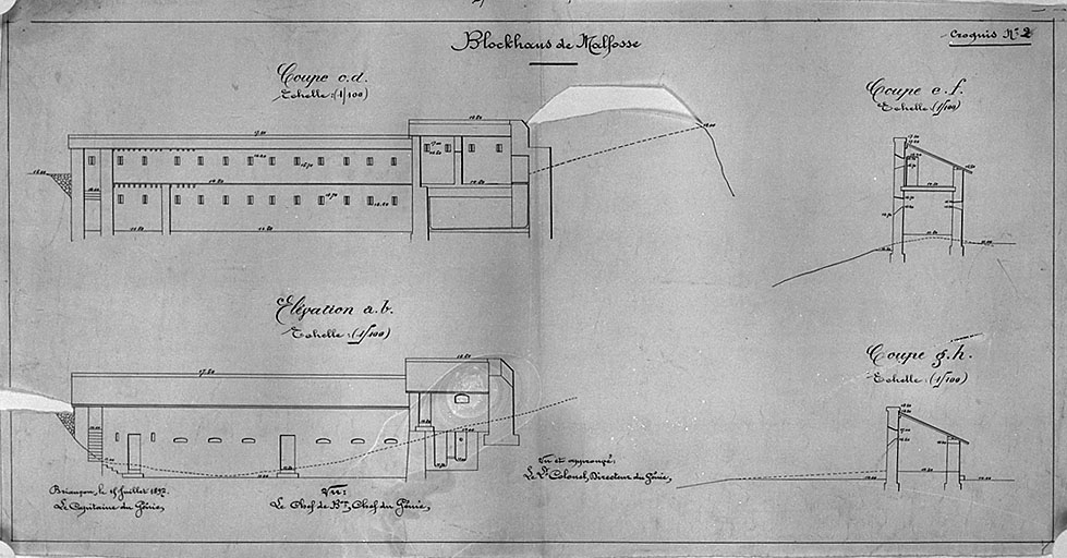 Coupes et élévation du blockaus de Malfosse.