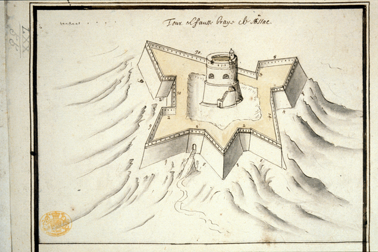 Tour et fausse braye de l'Estissac. ; Tour et fausse braye d'estissac. [Vue en perspective du fort de l'Estissac.] Vers 1660.