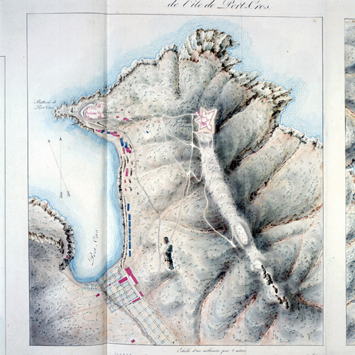 Batterie de Port Cros, château ruiné et fort de l'Estissac, plan de situation. 1818-1822