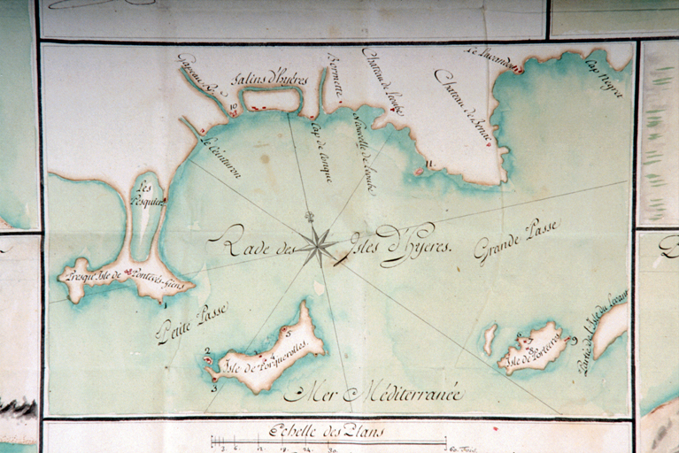 Carte de la Rade et des isles d'Hyères avec les plans particuliers des Forts et Redoutes qui la défendent 1787 pour 1788. Détail.