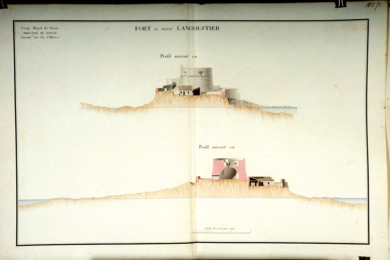 Fort du Petit Langoustier, profil suivant CD, AB. 1818-1822.