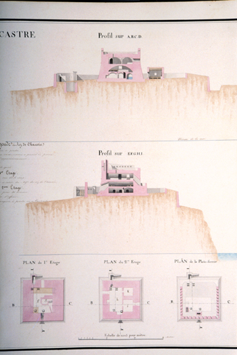 Plan et Profils de la Tour et Batterie de la Licastre. 1818-1822. Détail des profils.