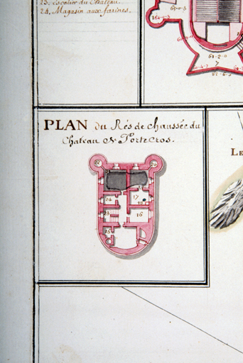 Plan du château de Portecros et des forts de l'Estissac et de l'Eminence. 1775. Détail : Plan du Rés de chaussée du Chateau de Portecros.