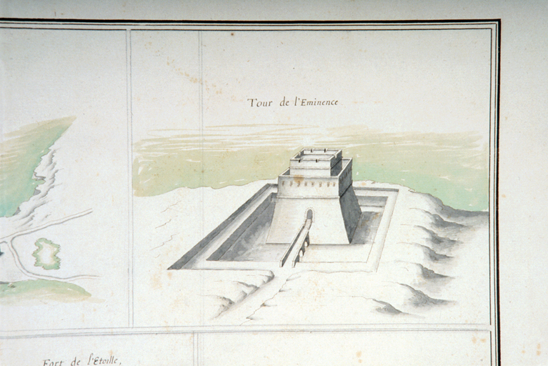 Tour de l'Eminence Tour de l'Eminence [Vue en perspective du fort du Grand Langoustier]. [avant 1643]  ; Atlas de Louis XIII. Le fort du Grand Langoustier.