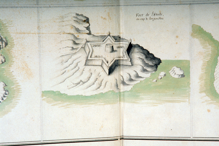 Atlas de Louis XIII. Le fort de l'Etoile. ; Fort de l'Etoille au cap de Langoustier. [avant 1643] 