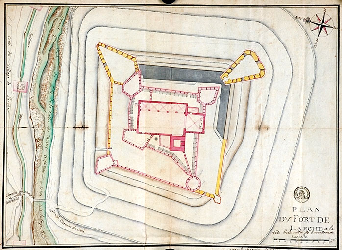 Plan du fort de Larche. Eglise fortifiée et projets de renforcement.