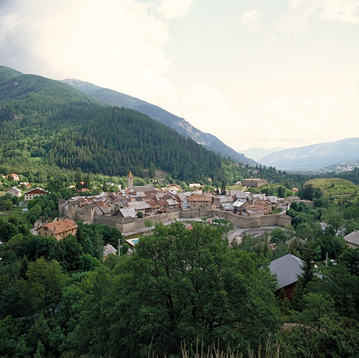 Ensemble de la ville vu du nord, depuis la rive droite du Verdon. En arrière, le fort de France et la vallée en aval.