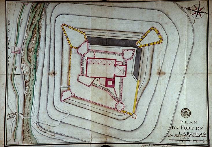 Plan du fort de Larche. Eglise fortifiée et projets de renforcement.