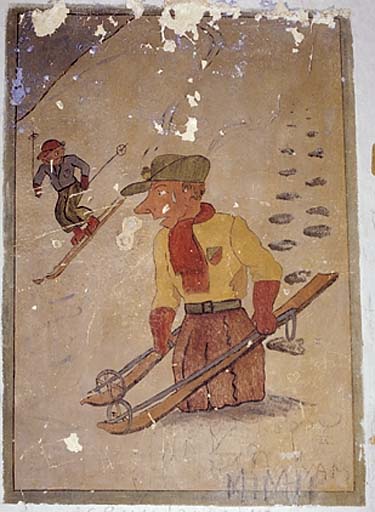 Bâtiment 16, peinture murale : skieurs.