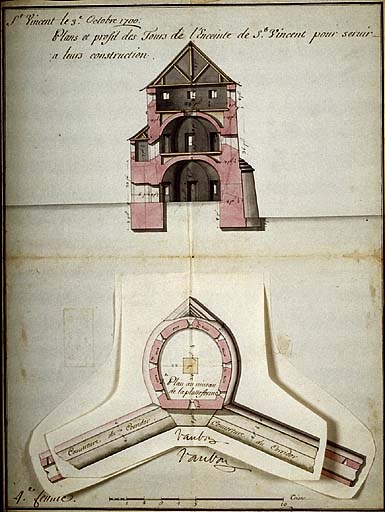 Plans et profils des tours de l'enceinte de St Vincent pour servir à leur construction.