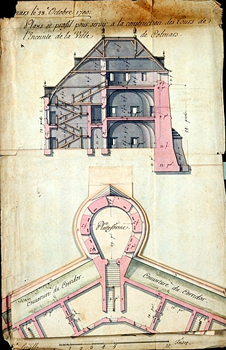 Plan et profils pour servir à la construction des tours de l'enceinte de la ville de Colmars. 1700