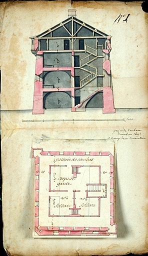 Projet de redoute à mâchicoulis, 1692. ; Projet de Vauban terminé en 1692 et changé dans l'exécution. [Plan et coupe de la redoute à mâchicoulis]. 1692.